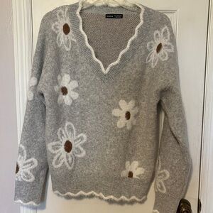 SHEIN Gray V-Neck Daisy Knit Sweater with Brown Centers